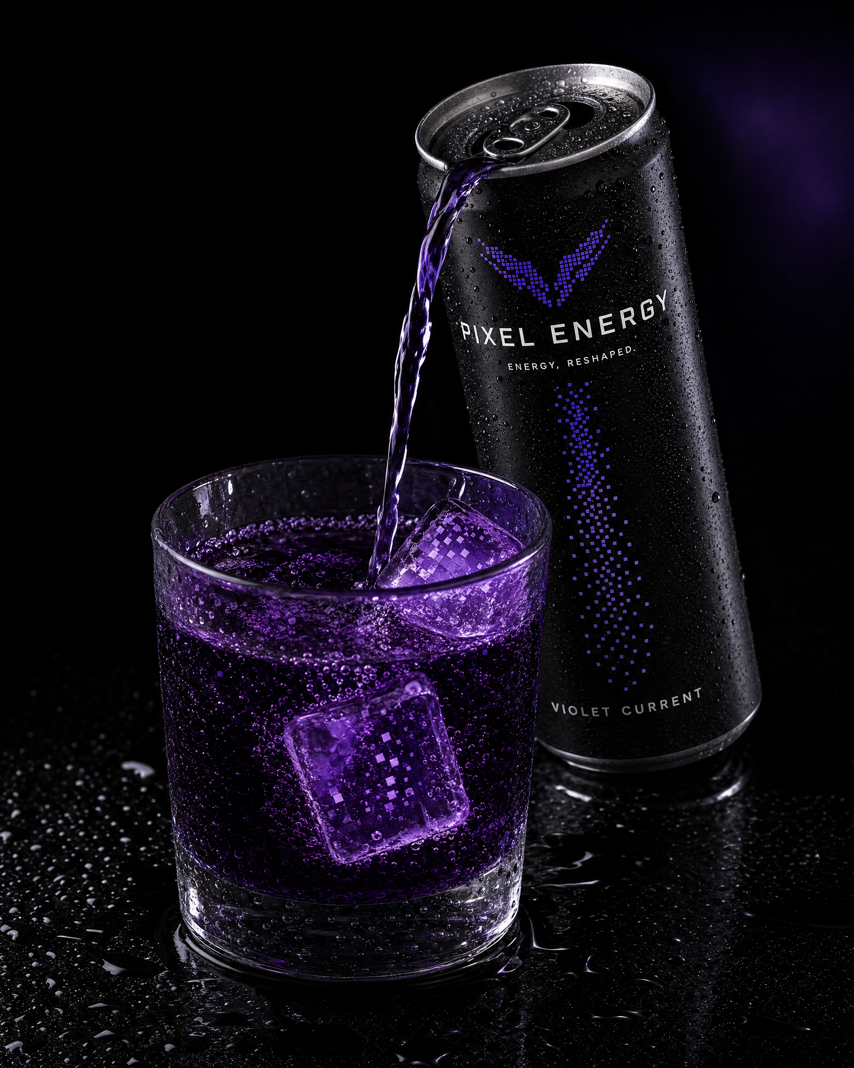 Fast schwarzer VIOLET CURRENT im Glas über violettem Eis